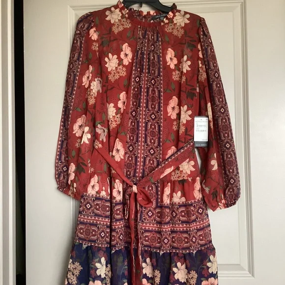 Julia Jordan High Neck Tie Belt Long Sleeve Dress, size 14